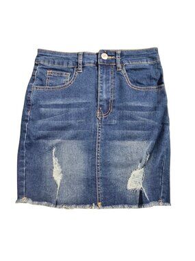 Distressed Medium Wash Denim Raw Hem Mini Skirt Jean Skirt | Small
